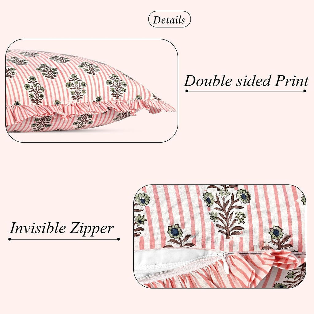 Ridhi Salmon Blossom Stripe 100% Cotton Block Print Ruffle Sham Cover 20x54 Set of 1 Floral Pillowcase, Farmhouse Cottagecore Bedding…