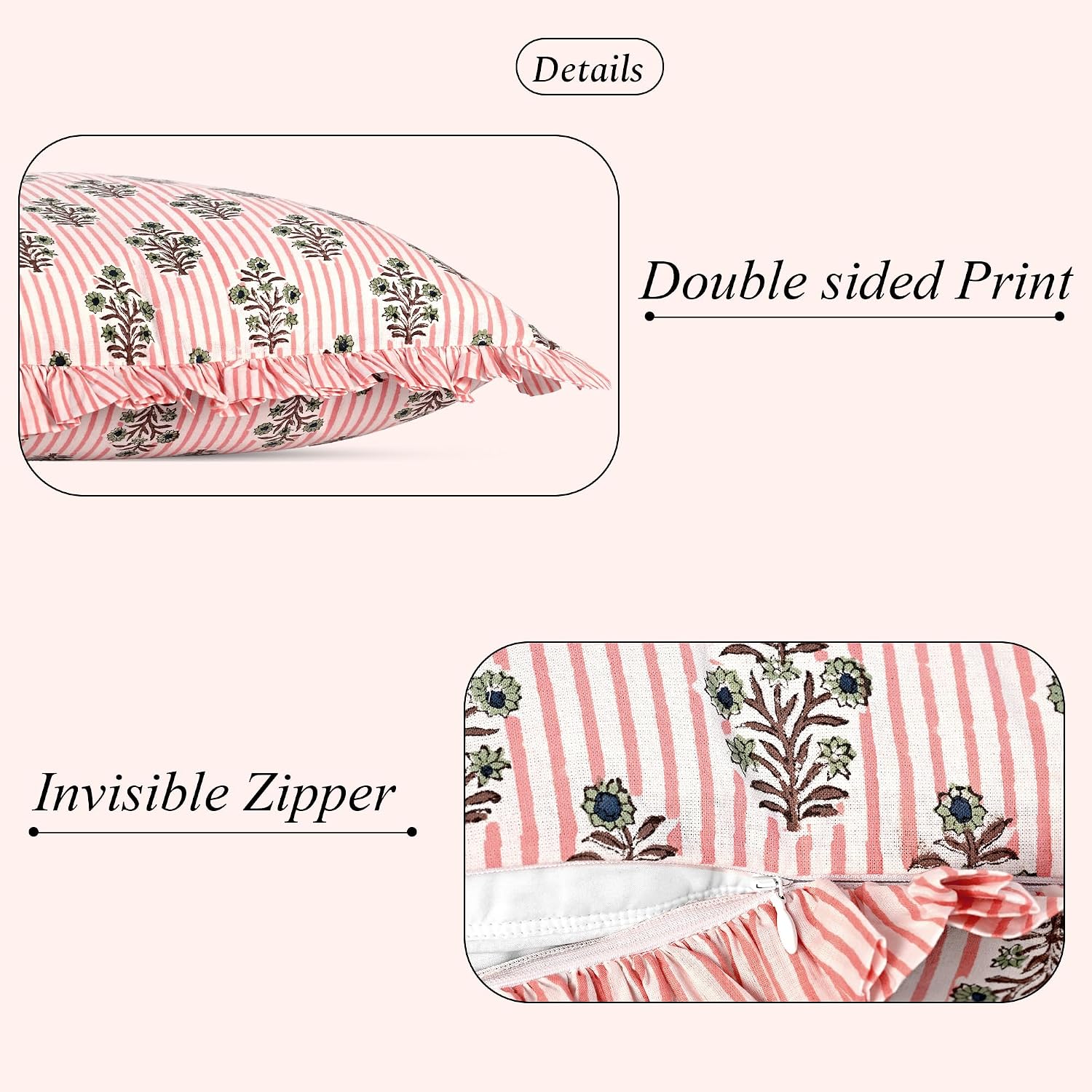 Ridhi Salmon Blossom Stripe 100% Cotton Block Print Ruffle Sham Cover 20x54 Set of 1 Floral Pillowcase, Farmhouse Cottagecore Bedding…