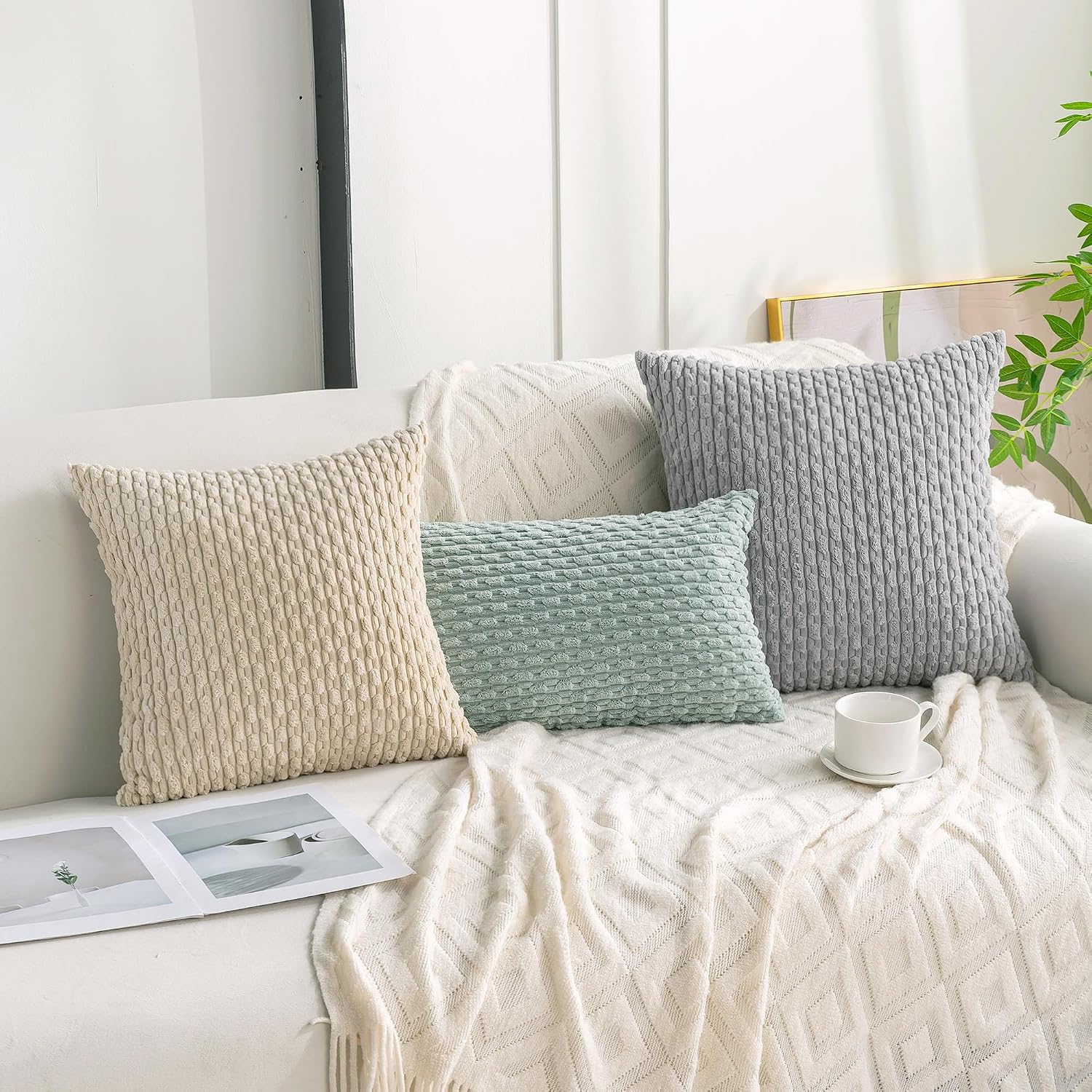 Cozoomy Set of 4 Beige Decorative Throw Pillow Covers 12x20 Inch Corduroy Pillow Covers for Bed Couch Sofa Living Room Soft Cushion Cases 2…