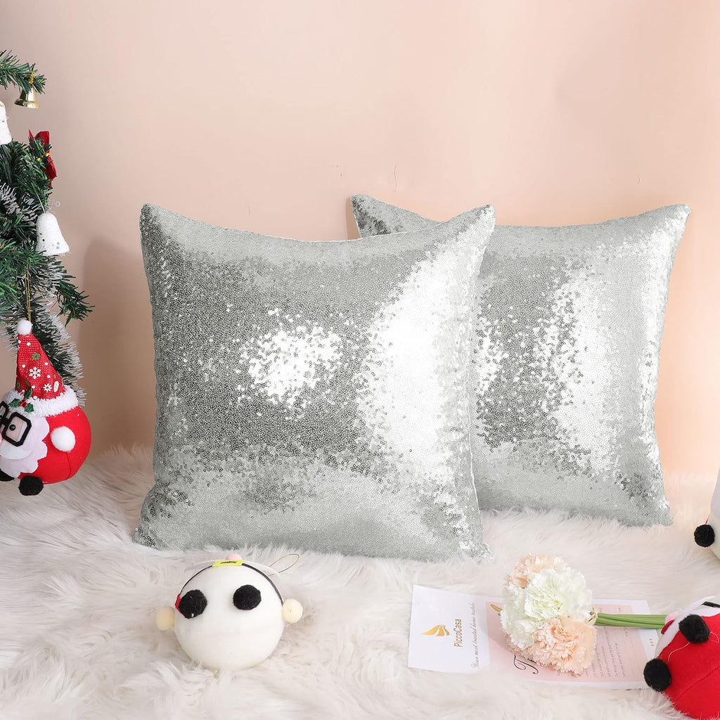 uxcell 2 Pcs Silver Tone Sequin Throw Pillow Covers, Shiny Sparkling Comfy Satin Sequin Cushion Covers, Decorative Pillowcases for…