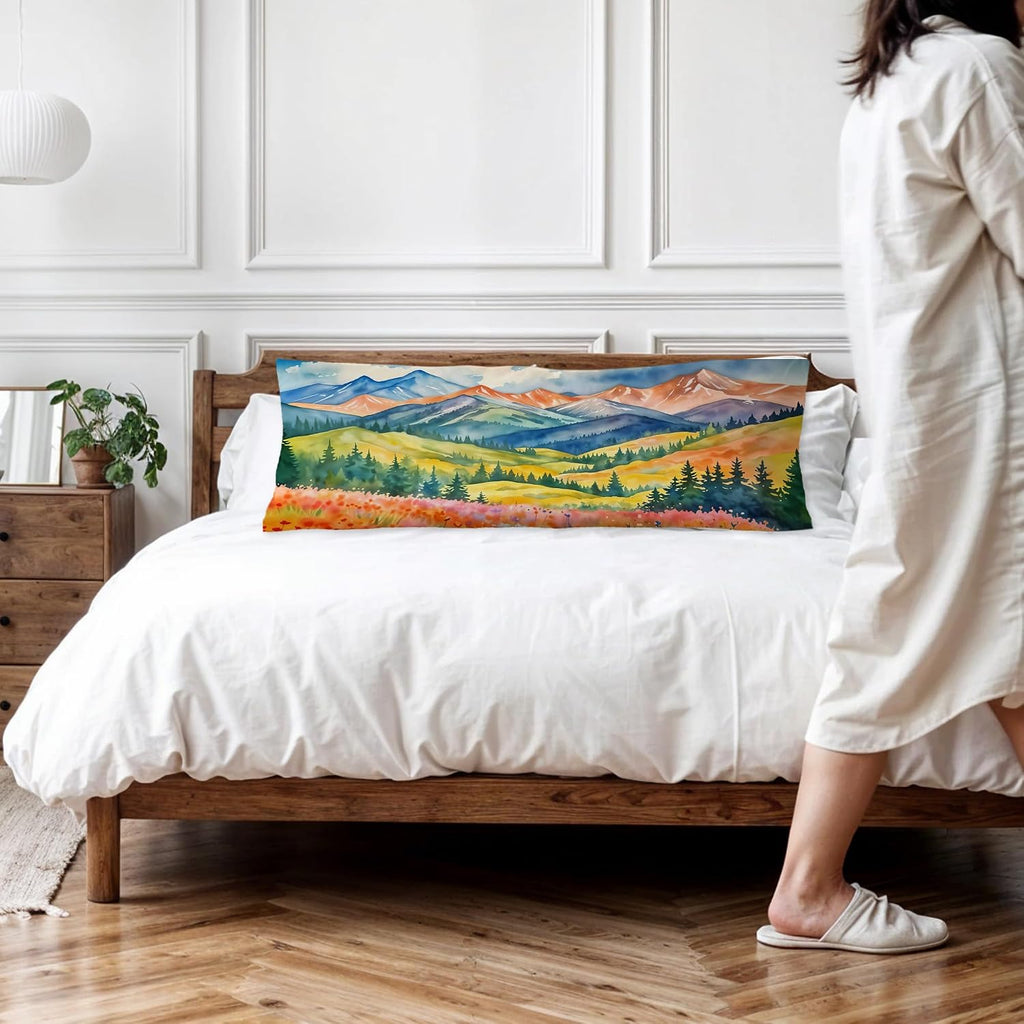 Maximalist Mountain Floral Body Pillow Covers 20x54, Mountain Home Decor, Colorful Abstract Nature Scenic Wildflower Long Body Pillow…