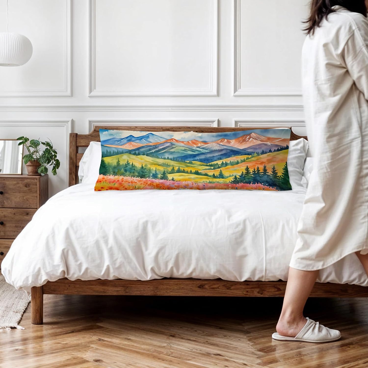 Maximalist Mountain Floral Body Pillow Covers 20x54, Mountain Home Decor, Colorful Abstract Nature Scenic Wildflower Long Body Pillow…