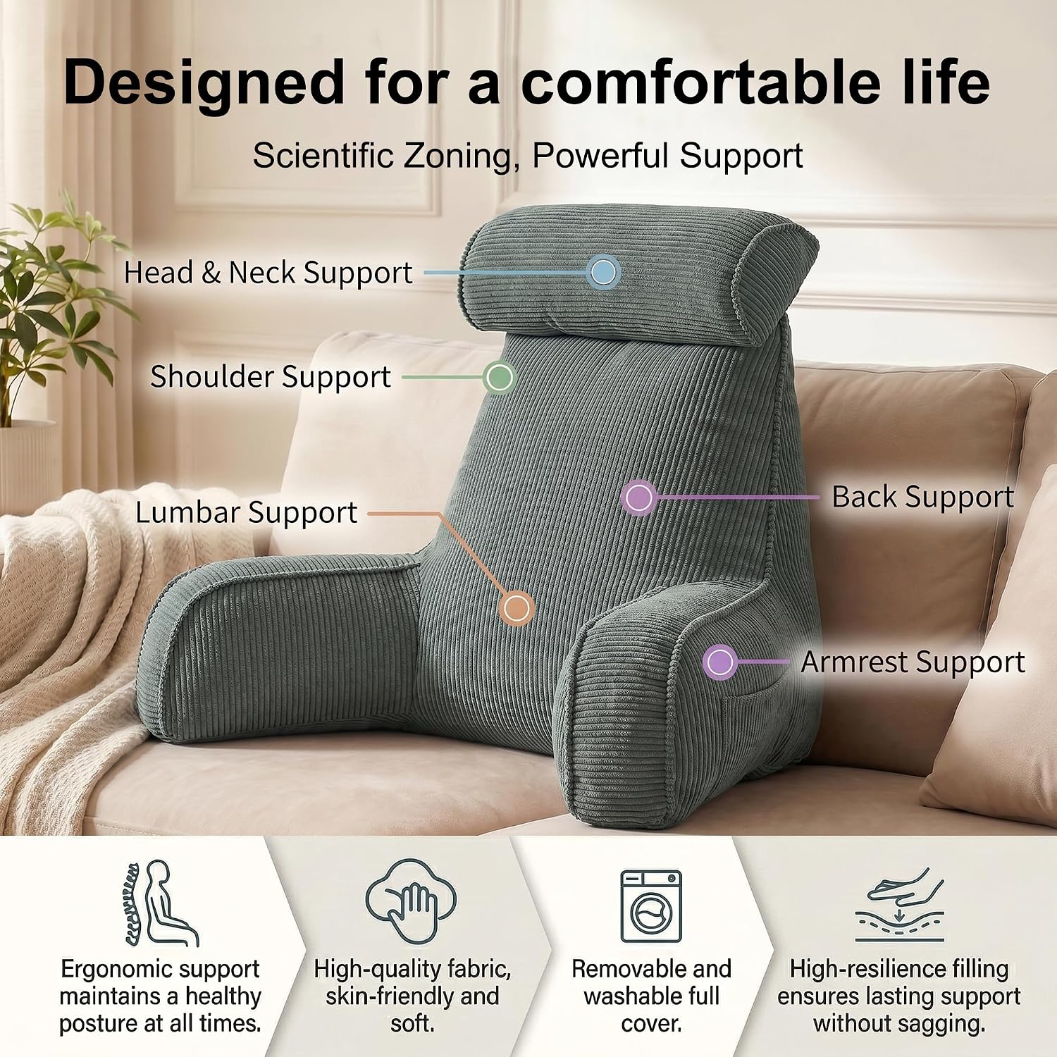 Ailuteie Sit Up Reading Pillow, Backrest Pillow with Arms, Corduroy Back Support Cushion with Side Pockets & Washable Cover, Bed Rest Suppo…
