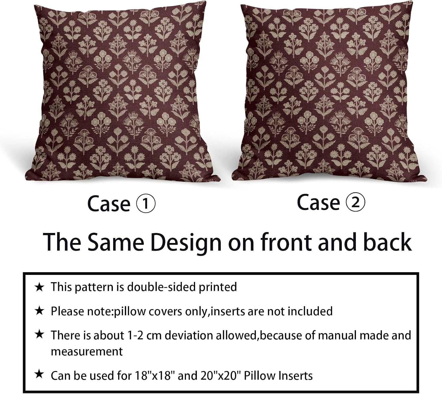 Burgundy Red Floral Block Print Pillow Covers 20x20 Inch Set of 2, Vintage Flower Pattern Decorative Throw Pillowcases Outdoor Farmhouse…