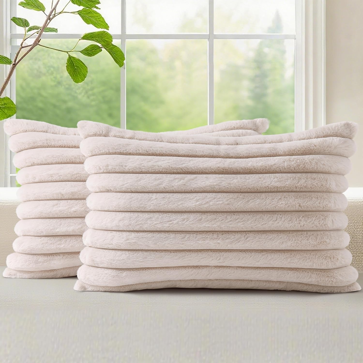 decorUhome Summer Cozy Faux Fur Throw Pillow Covers 12x20 Set of 2 Decorative Soft Plush Striped Lumbar Modern Farmhouse Boho Couch Pillow…