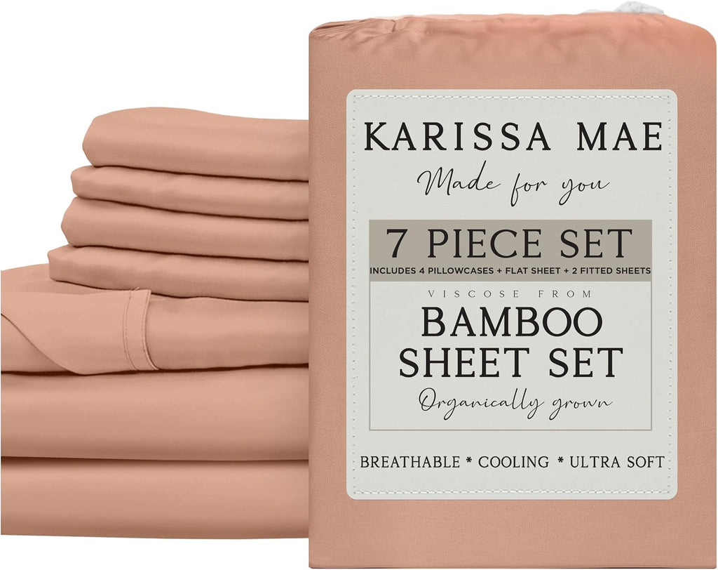 KARISSA MAE 7 Piece Pure Viscose from Bamboo Split King Size Sheet Set | 100% FSC Certified | Luxuriously Soft | Cooling | 18" Deep…
