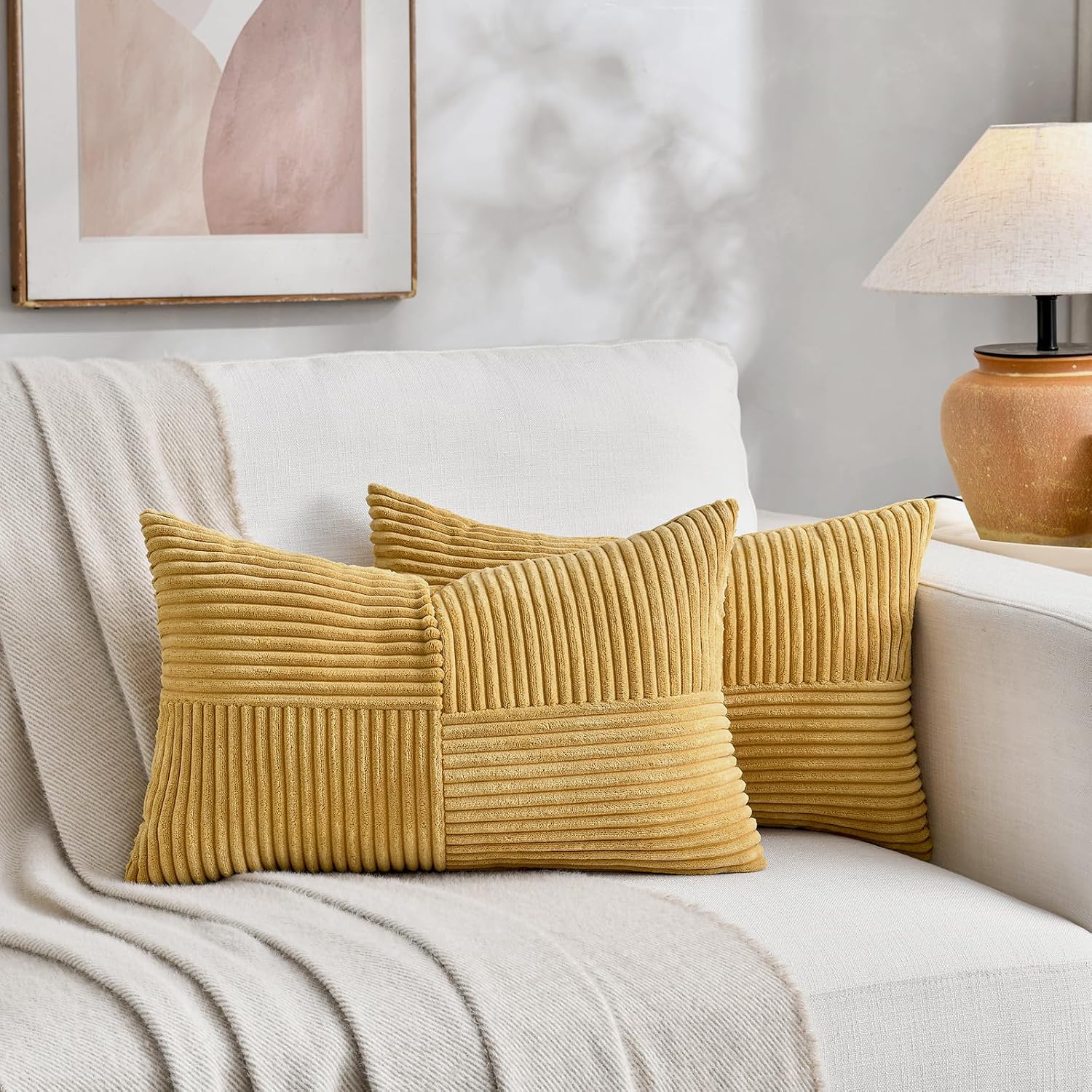 Fancy Homi 2 Packs Mustard Yellow Lumbar Decorative Throw Pillow Covers 12x20 Inch for Living Room Couch Bed, Rustic Farmhouse Boho Home…