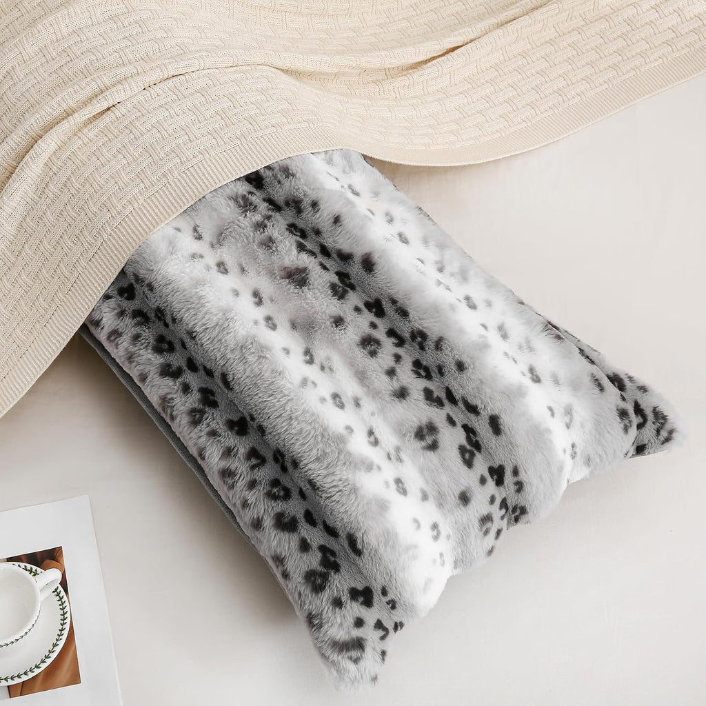 Chumerry Fuzzy Faux Fur Pillow Case Plush Shaggy Pillow Cover Plaid Check Texture Extra Soft Fluffy Faux Rabbit Fur Fabric Gray Decorative…