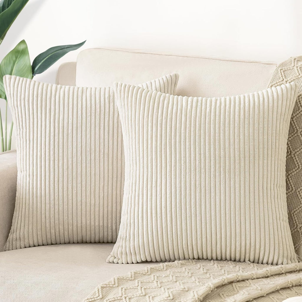 Softalker Throw Pillow Covers 18 x 18, Set of 2 - Cream Spring Decorative Soft Corduroy Striped Boho Beige Pillow Covers, White Cushion Pil…