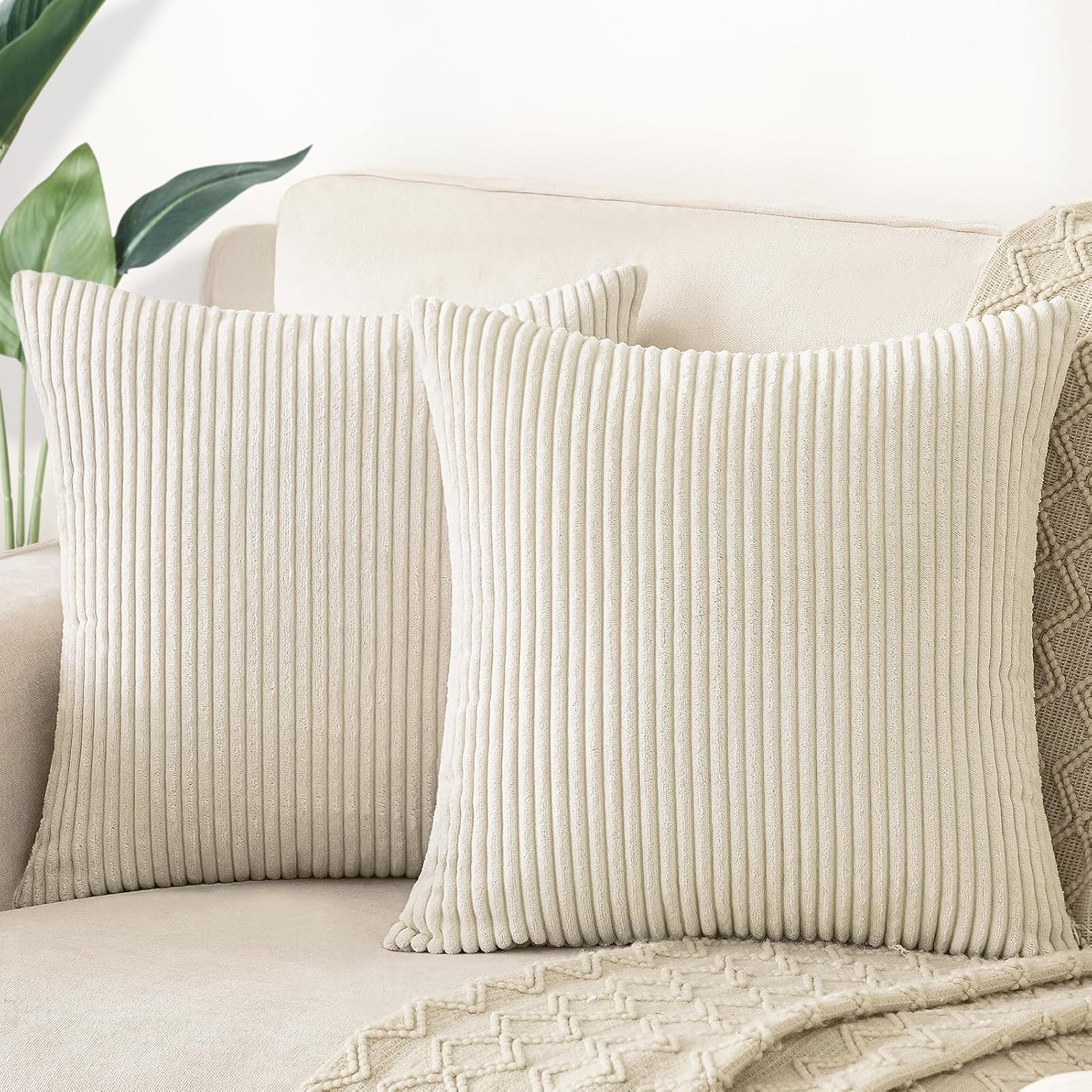 Softalker Throw Pillow Covers 18 x 18, Set of 2 - Cream Spring Decorative Soft Corduroy Striped Boho Beige Pillow Covers, White Cushion Pil…
