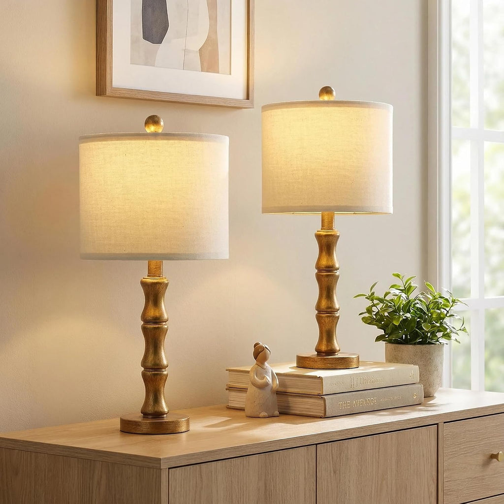 BOBOMOMO 20.5" Vintage Nightstand Lamps Set of 2, Farmhouse Table Lamps with Antique Gold Resin Base & Linen Shade, Small Bedside Lamp…