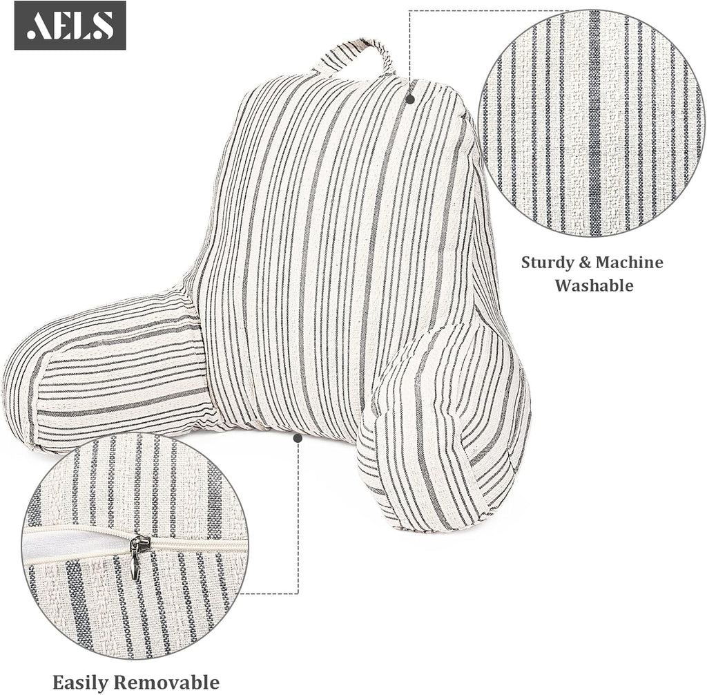 Aels Reading Pillow Replacement Cover (No Insert) with Arms and Pockets, 18" Beige with Gray Stripes Textured Backrest Pillow Cover Fits St…