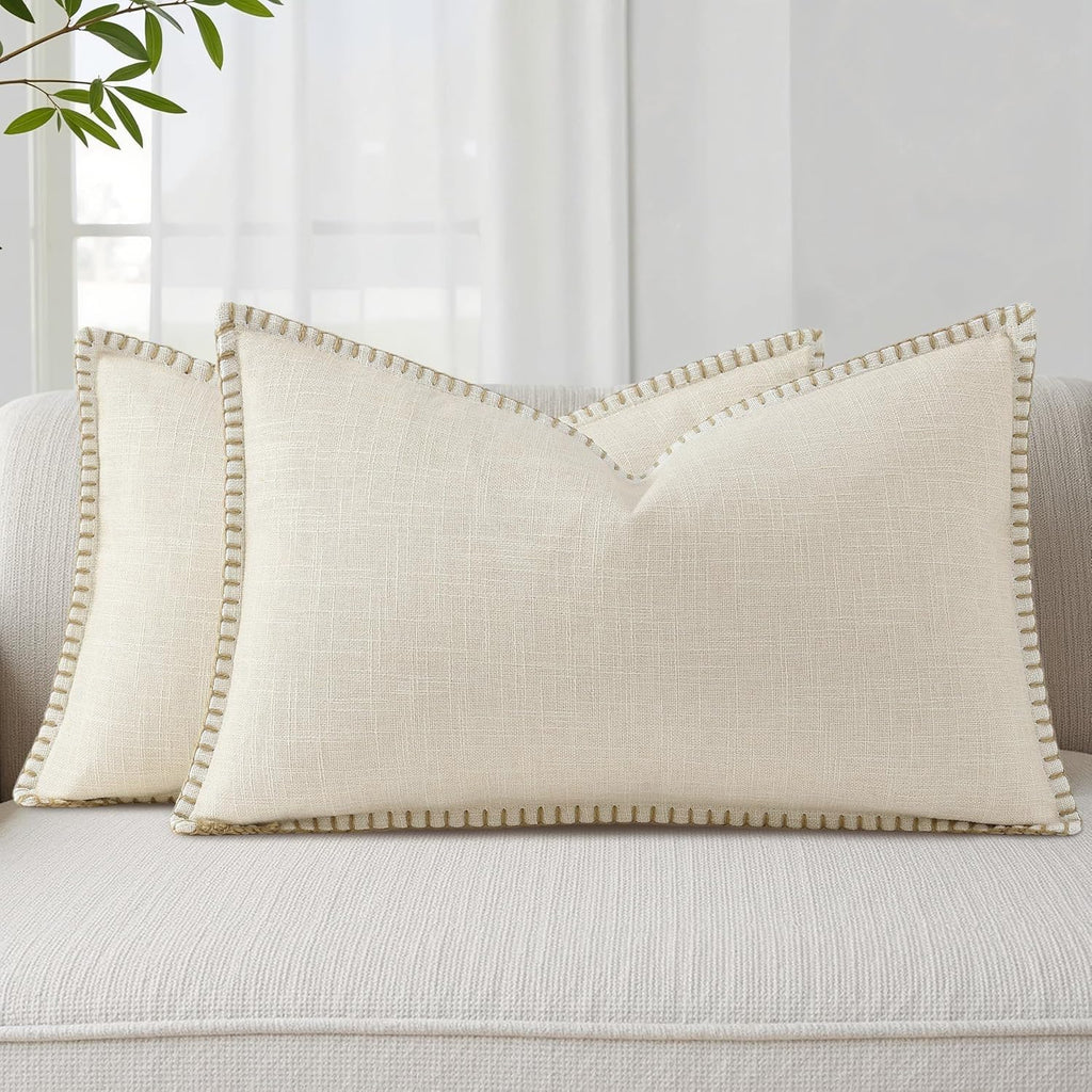 decorUhome Summer Decorative Throw Pillow Covers 12x20 Set of 2 Lumbar Faux Linen Farmhouse Pillow Covers with Stitched Edge Outdoor…