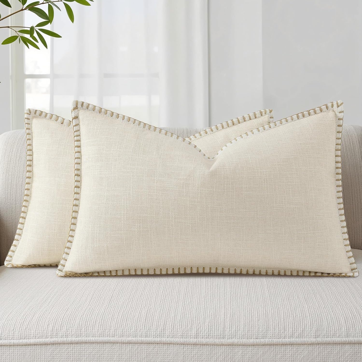 decorUhome Summer Decorative Throw Pillow Covers 12x20 Set of 2 Lumbar Faux Linen Farmhouse Pillow Covers with Stitched Edge Outdoor…