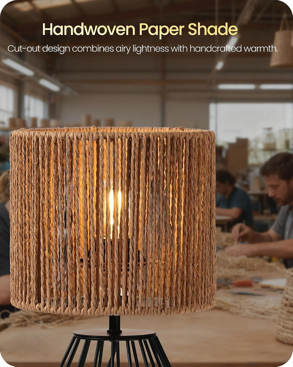 Rattan Table Lamp, Boho Table Lamp, Small Bedside Lamp, Handwoven Paper Lampshade, 2700K LED Bulb Included, Boho Desk Lamp, Modern…