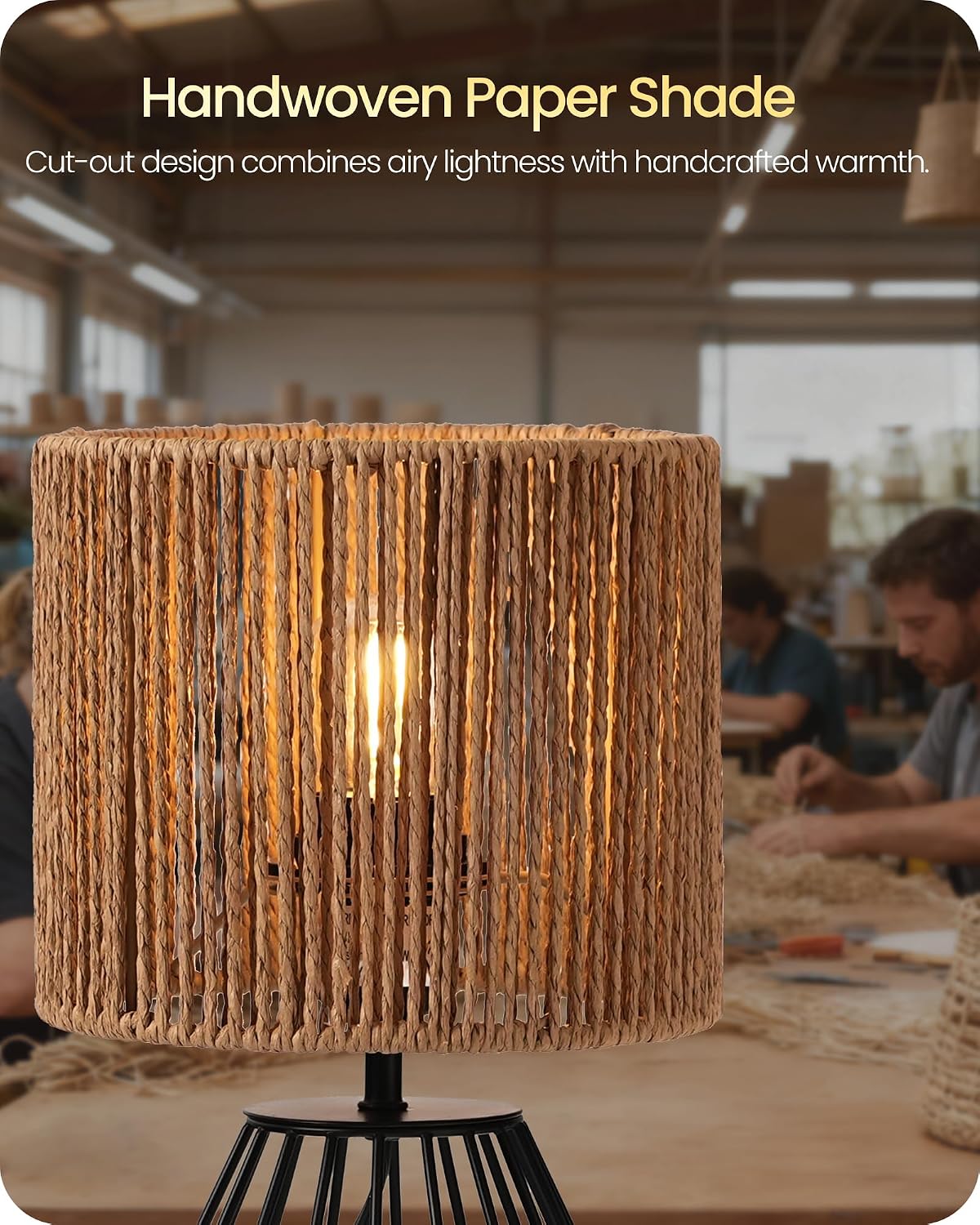 Rattan Table Lamp, Boho Table Lamp, Small Bedside Lamp, Handwoven Paper Lampshade, 2700K LED Bulb Included, Boho Desk Lamp, Modern…