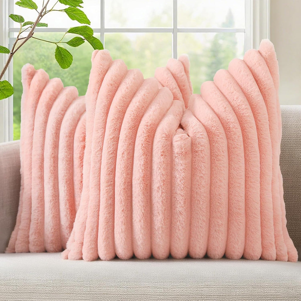 decorUhome Summer Cozy Faux Fur Throw Pillow Covers 26x26 Set of 2 Decorative Plush Striped Modern Farmhouse Boho Couch Euro Sham Pillow Ca…