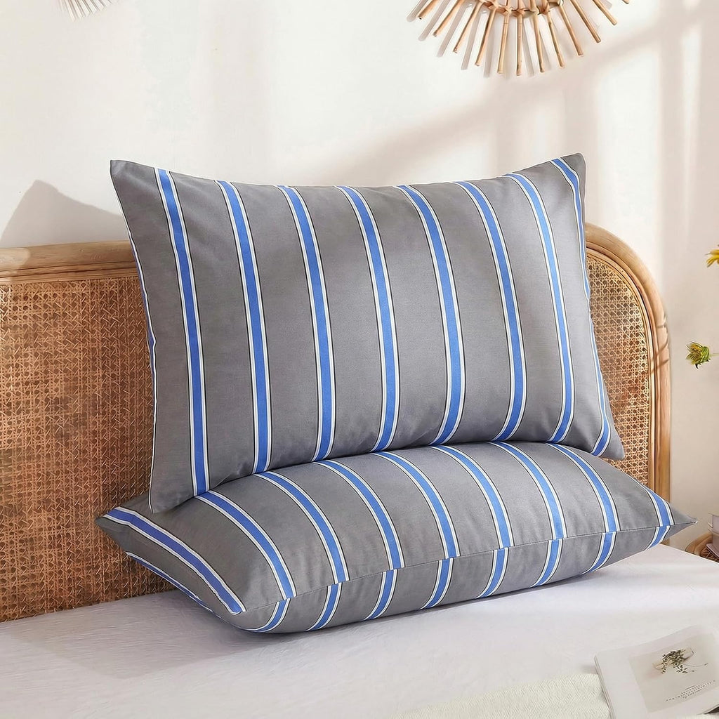 Merryword 100% Cotton Pillow Cases, Standard Size Pillowcases, Blue and Gray Striped Pillowcases, Soft Breathable Engineered Stripes Pillow…