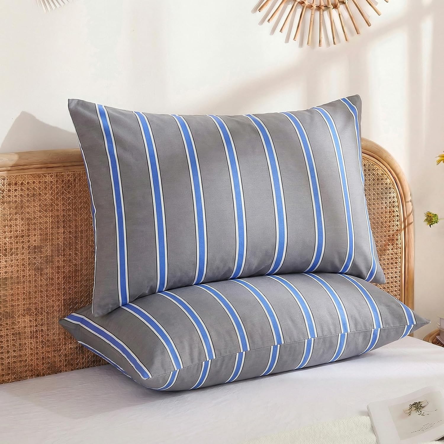 Merryword 100% Cotton Pillow Cases, Standard Size Pillowcases, Blue and Gray Striped Pillowcases, Soft Breathable Engineered Stripes Pillow…