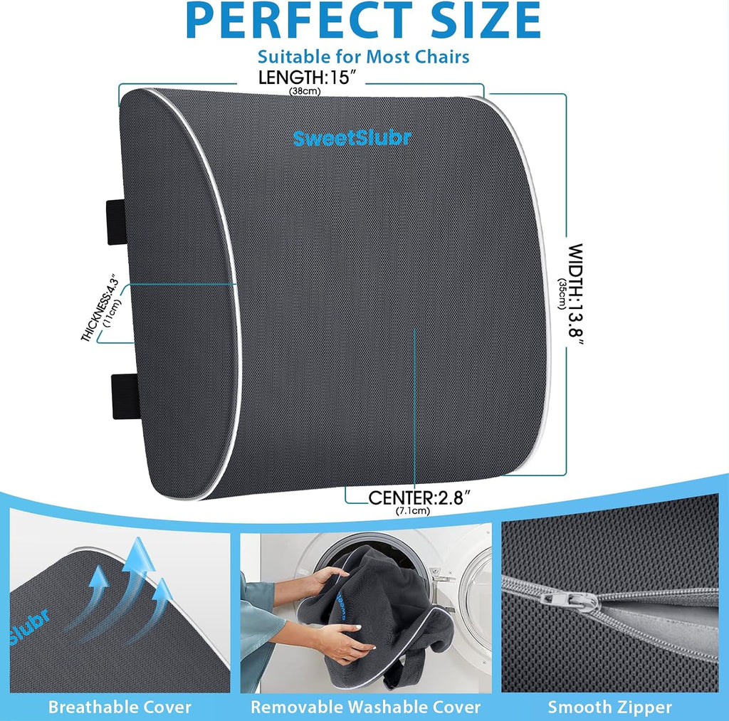 SweetSlubr Large Lumbar Support Pillow for Office Chair, Car Seats and Home Desks, Ergonomic Back Support with Double Adjustable Straps…