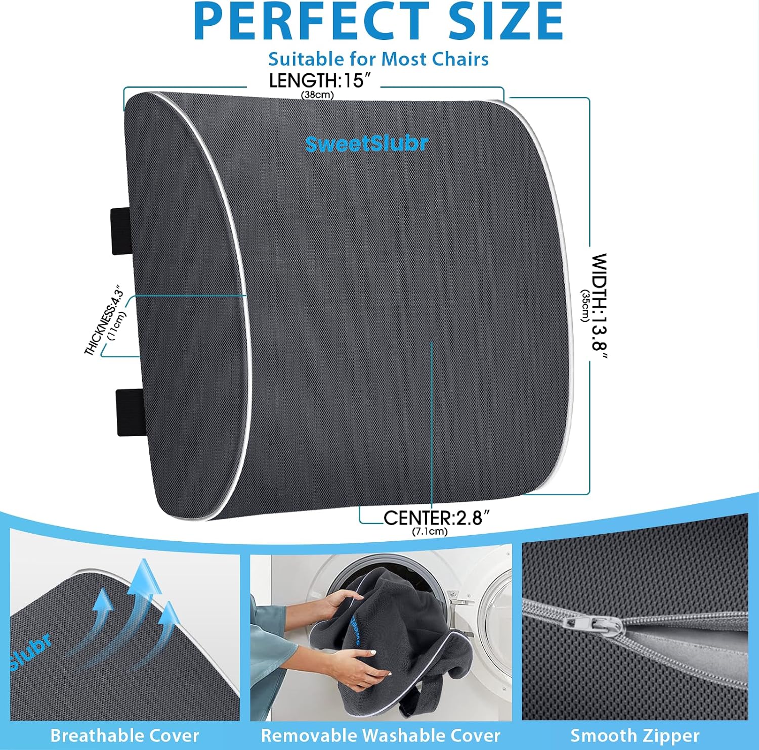 SweetSlubr Large Lumbar Support Pillow for Office Chair, Car Seats and Home Desks, Ergonomic Back Support with Double Adjustable Straps…