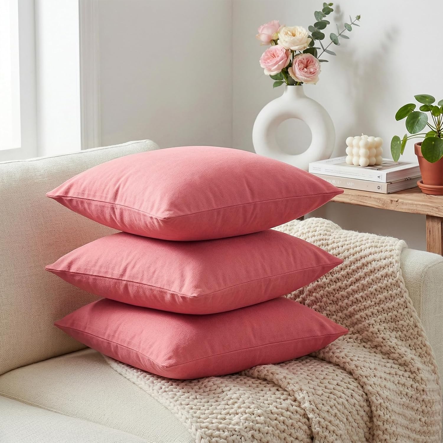 Thmyo 4-Pack 100% Cotton Comfortable Solid Decorative Throw Pillow Case, Square Cushion Cover Pillowcase Sublimation Blank Pillow Covers DI…