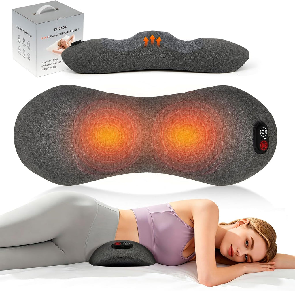 Walfite 2026 Upgraded Smooth Triple 3-in-1 Lumbar Support Pillow – Portable Electric Back Massager with Heat, Vibration & Stretching for Hom…