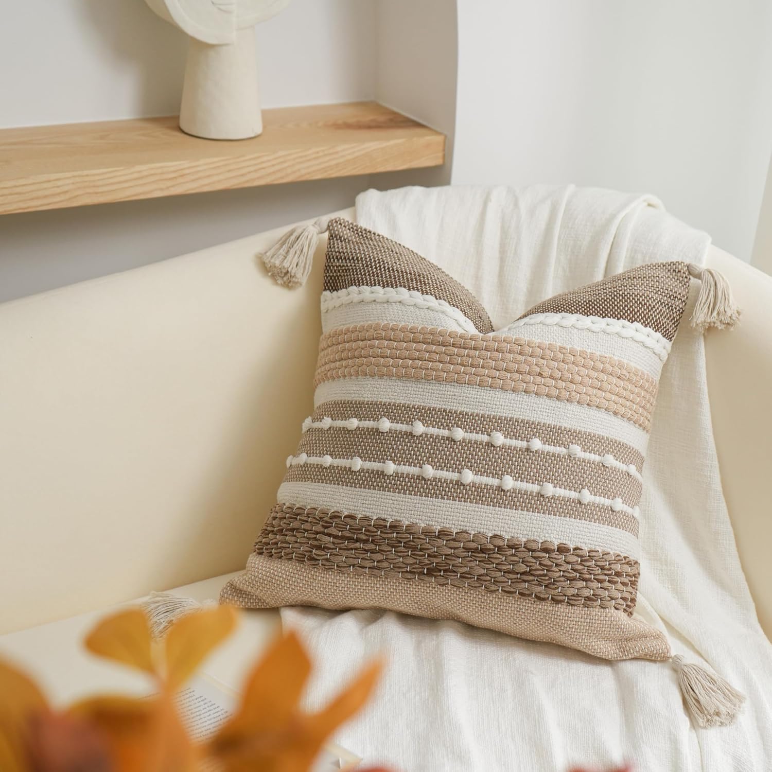 BlissBlush Brown Decorative Throw Pillow Cover 20x20 Square Boho Accent Pillowcase Tassels Farmhouse Cushion for Couch Sofa Bedroom…