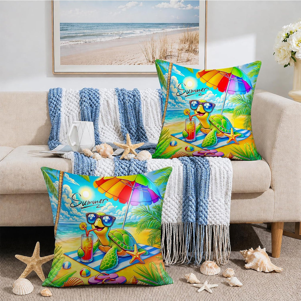 BlissYard Summer Beach Throw Pillow Covers Set of 18x18 Decorative Pillow Covers Cute Sea Turtle Ocean Theme Cushion Covers for Couch…