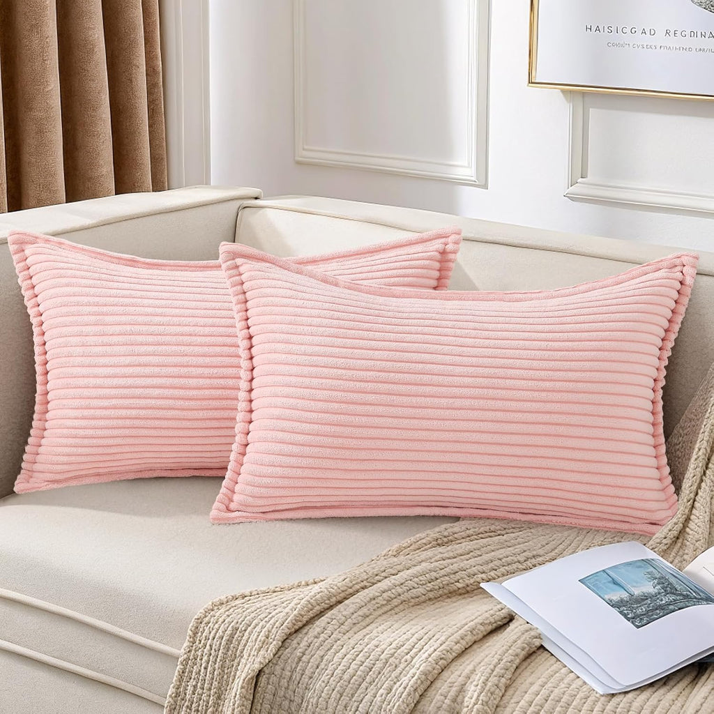 Mecatny Corduroy Summer Throw Pillow Covers 12x20 Set of 2, Neutral Decorative Soft Boho Lumbar Couch Pillow Covers with Broadside for…