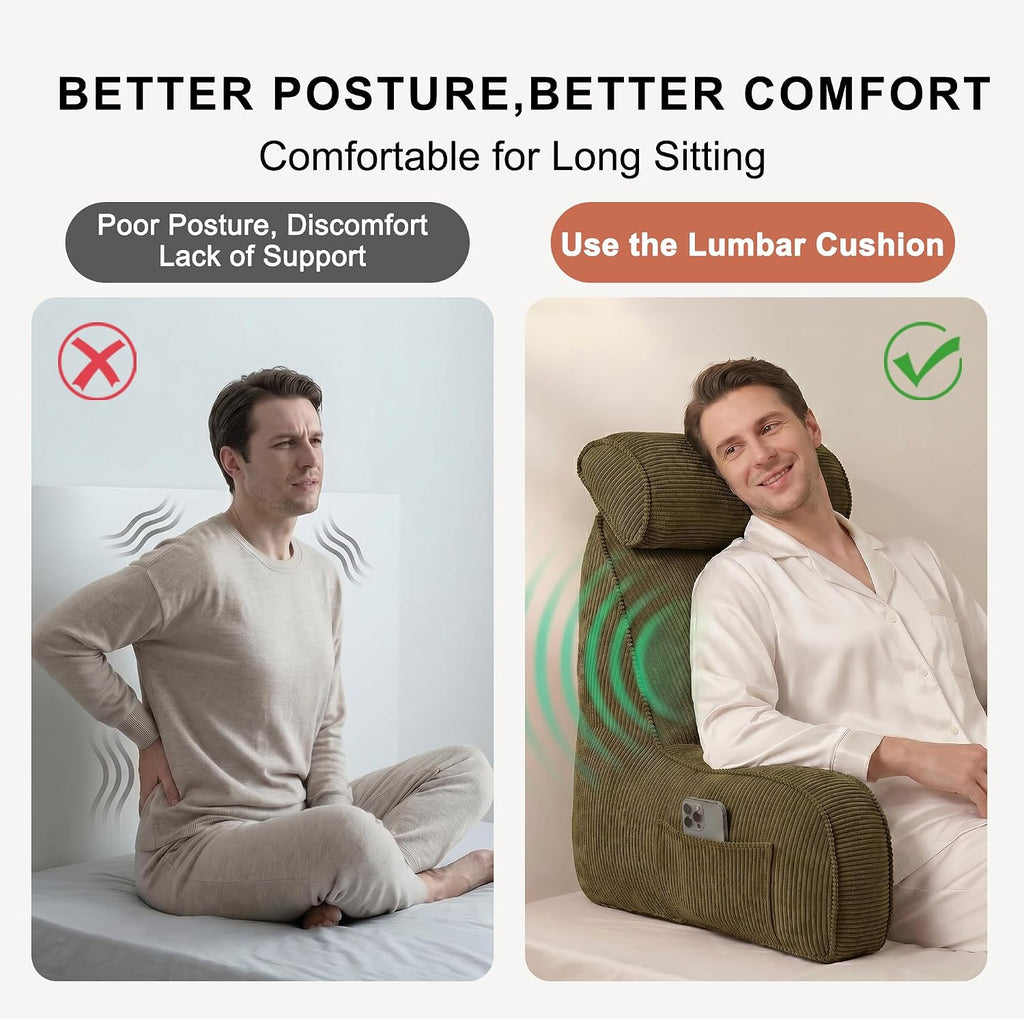 Ailuteie Bed Rest Reading Pillow with Arms & Detachable Headrest, Corduroy Backrest Cushion with Side Pockets & Washable Cover, Support for…