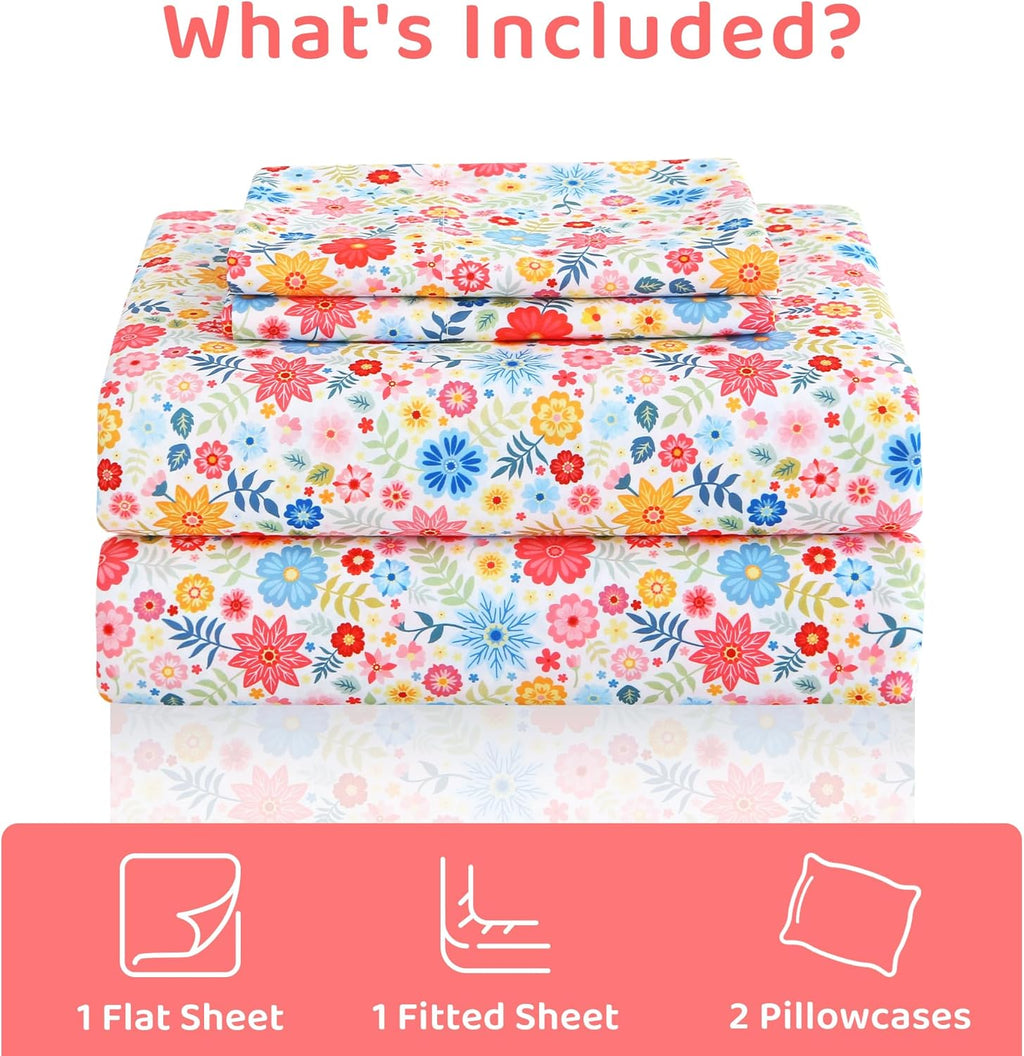 mooreeke Cozy Floral Microfiber Printed Floral Full Sheet Set - Soft & Breathable Colorful Flower Custers Bed Sheets with Extra Deep Pocket…