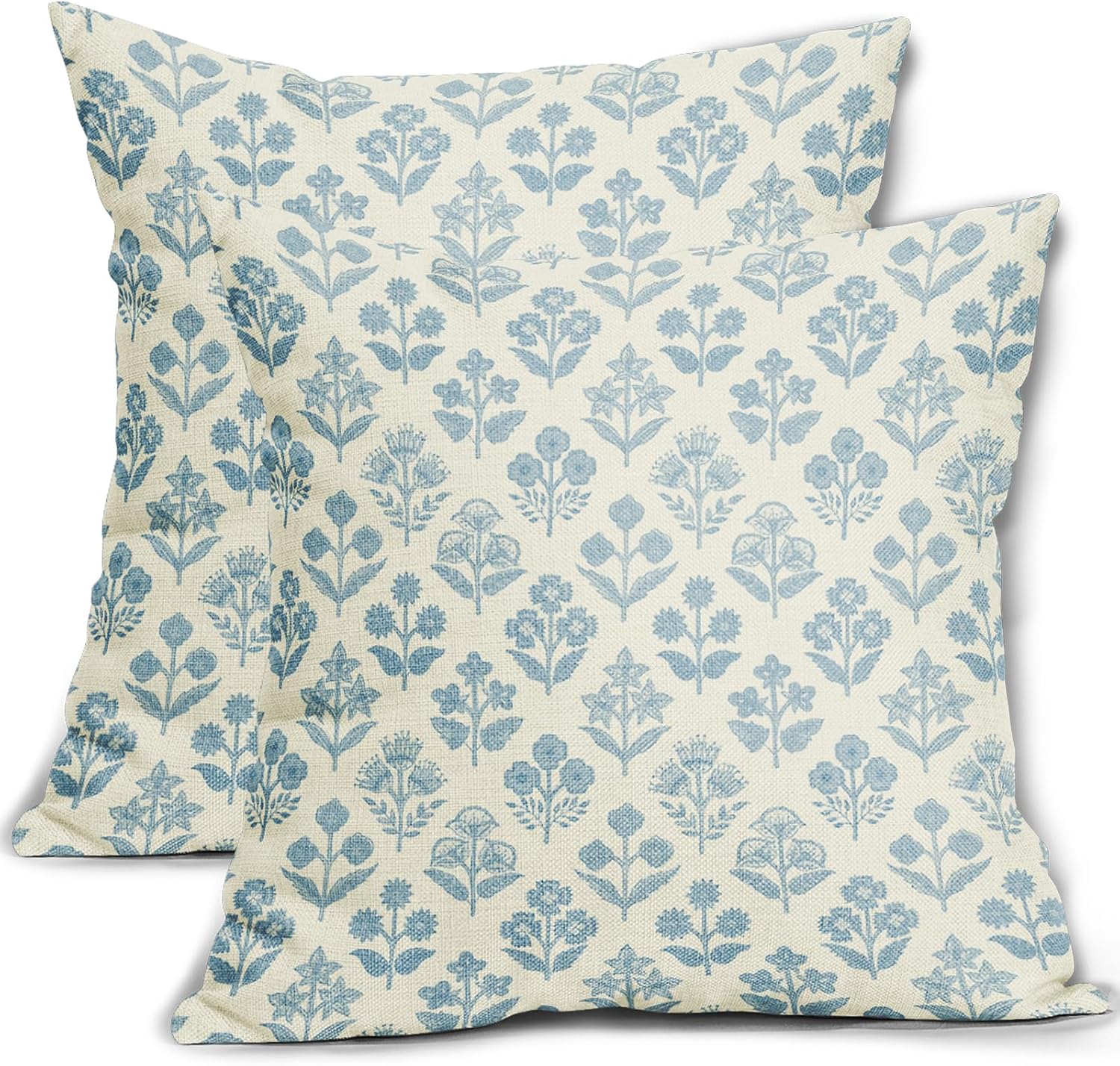 Light Blue Floral Pillow Covers 18x18 Inch Set of 2, Vintage Flower Block Print Pattern Decorative Throw Pillowcases Outdoor Farmhouse…