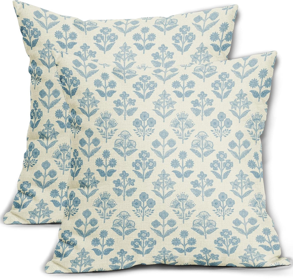 Light Blue Floral Pillow Covers 16x16 Inch Set of 2, Vintage Flower Block Print Pattern Decorative Throw Pillowcases Outdoor Farmhouse…