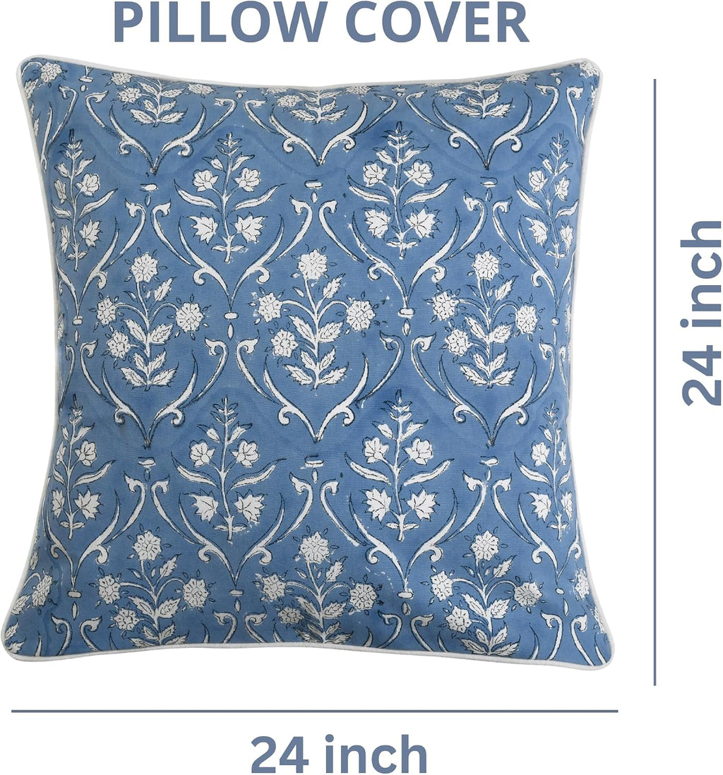 Ridhi Block Print Cornflower Blue Pillow Cover 24" x 24" (Pack of 2) Decorative Couch Pillows for Living Room, Chic Boho Cute Outdoor Pillo…