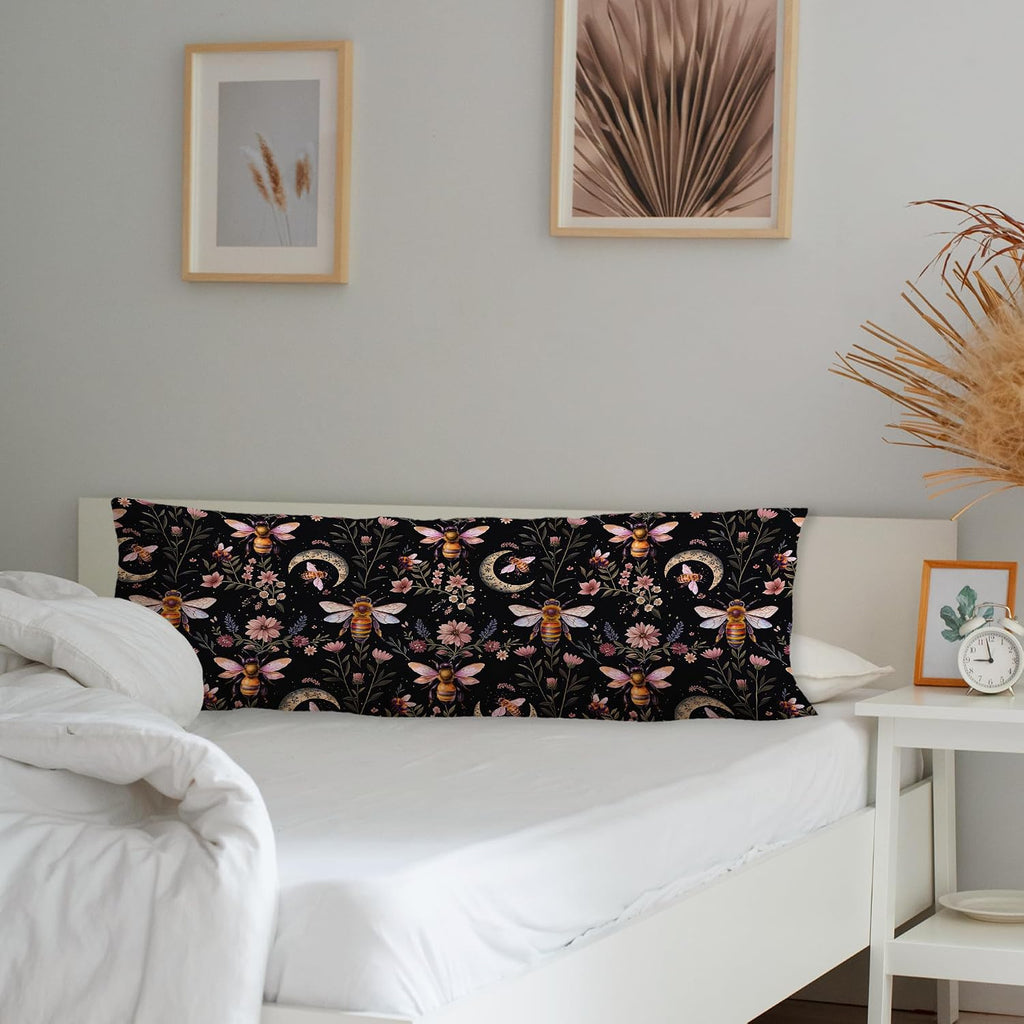 Vintage Moody Dark Floral Bumble Bee Moon Body Pillow Cover 20x54, Dark Academia Cottagecore Gothic Witchy Bee Long Body Pillow Case…