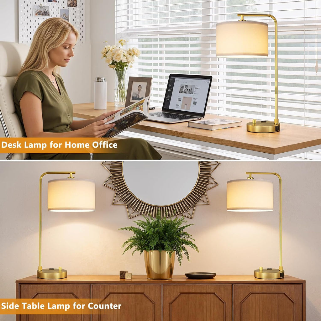 Innqoo Bedside Table Lamps for Bedroom Set of 2-Dimmable Nightstand Lamps with USB Port and Outlet, Modern Gold Lamps with Linen…