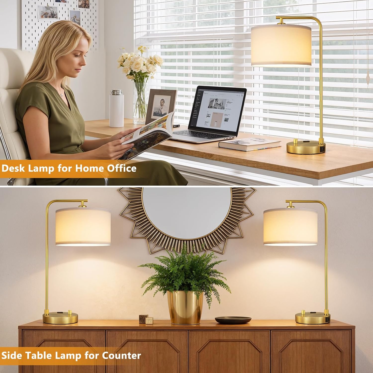 Innqoo Bedside Table Lamps for Bedroom Set of 2-Dimmable Nightstand Lamps with USB Port and Outlet, Modern Gold Lamps with Linen…