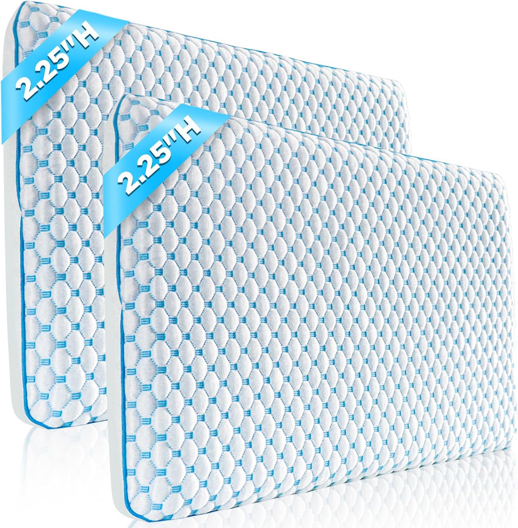 Iwacool Flat Pillows for Sleeping Thin Memory Foam Pillows for Stomach and Back Sleepers, Cooling Gel Stomach Sleeping Pillow for Hot Sleep…