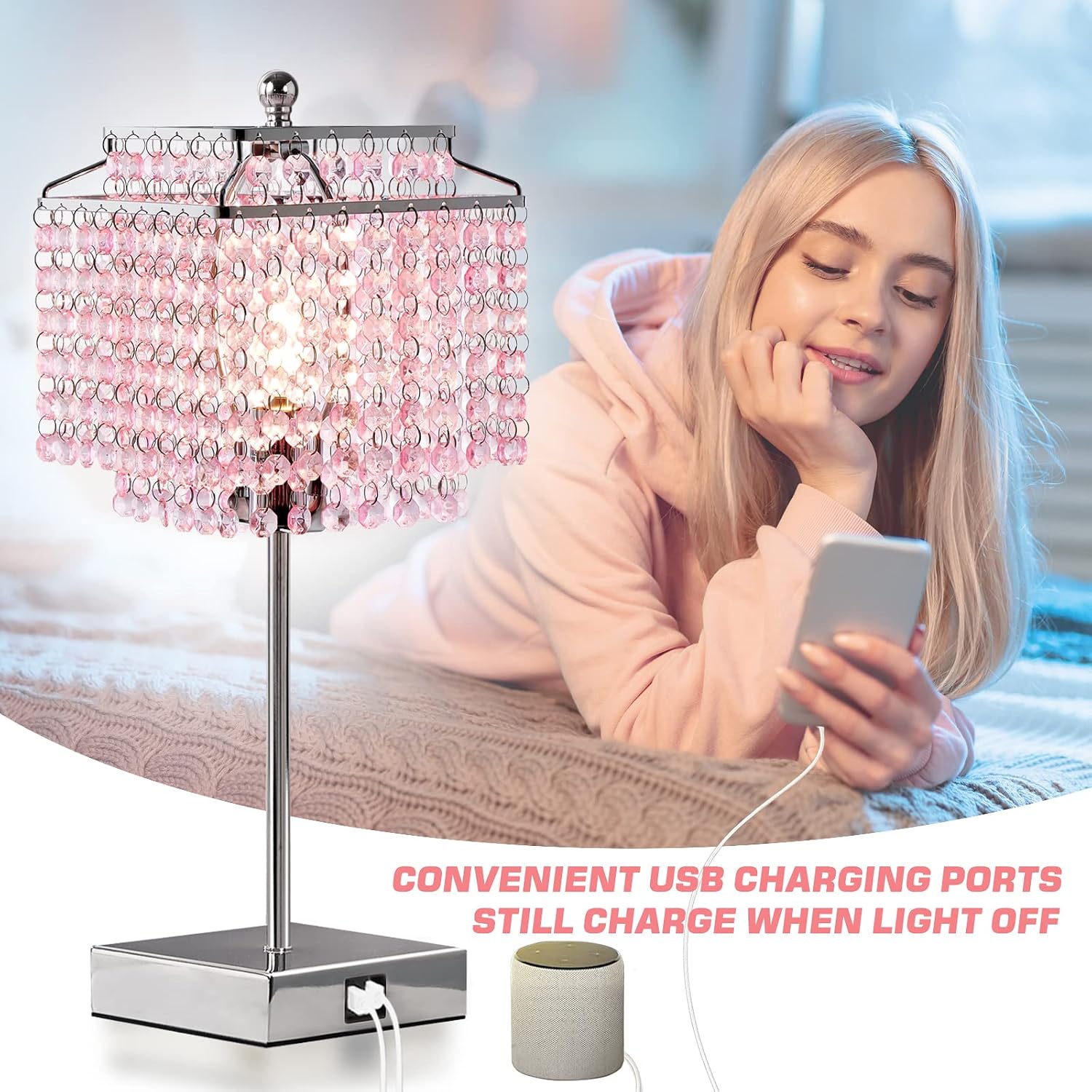 Luvkczc Crystal Touch Table Lamp, Bedside Lamp with USB C+A Ports, Pink Lamp, Dimmable Lamp with Crystal Shade, Nightstand Lamp for Girl…