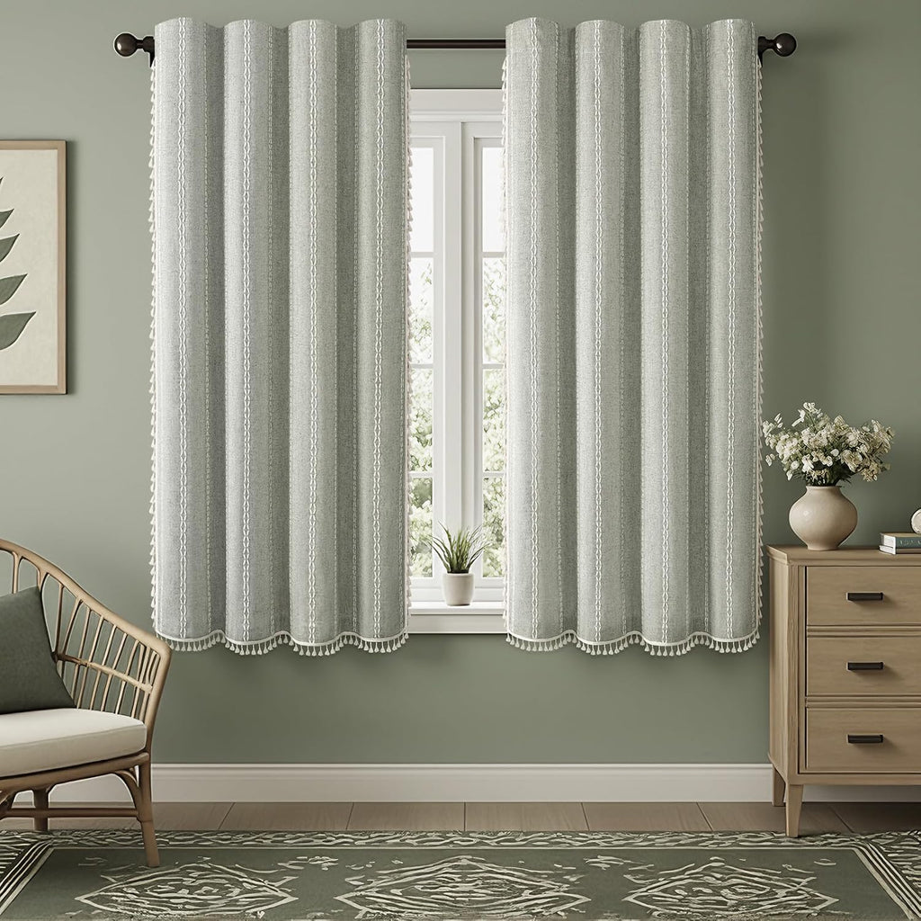 XOGUIBO Boho Blackout Curtains 63 Inches Long Sage Green Linen Blend 2 Panels with Tassels and Cotton Embroidery, Farmhouse Vintage…
