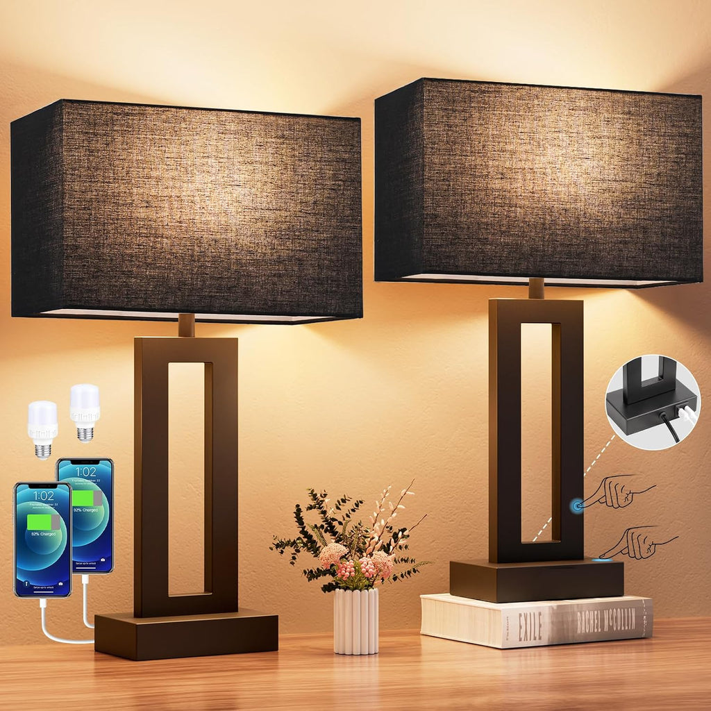 Seealle Nightstand Table Lamps for Bedrooms Set of 2 - Touch Bedside Lamp with USB C+A, 3 Way Dimmable Living Room End Tables 2, Modern…