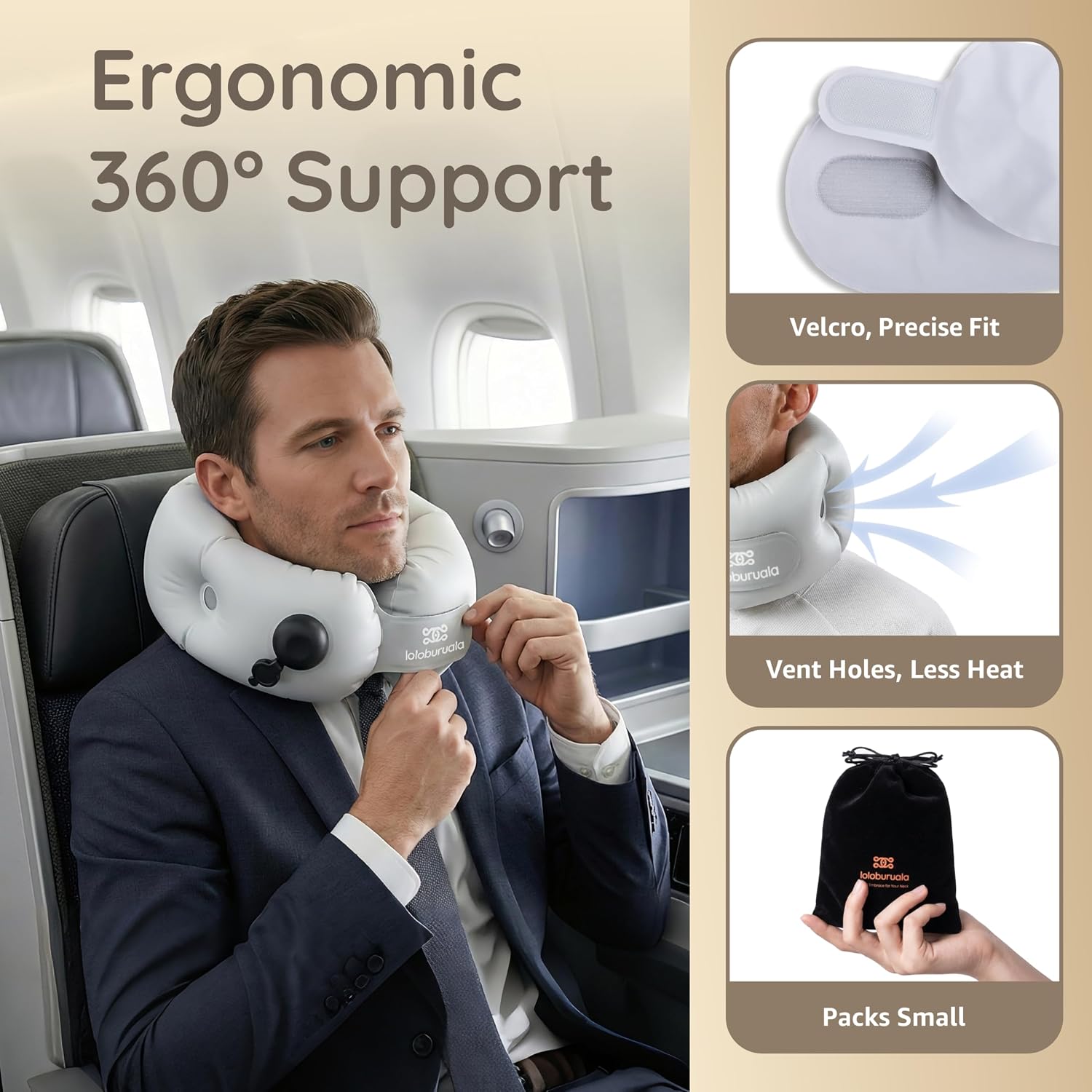 Inflatable Neck Pillow, Portable Travel Neck Pillow Airplane, Storable Gray Neck Pillows Travel with Washable Cover, Adjustable Air-Fill…