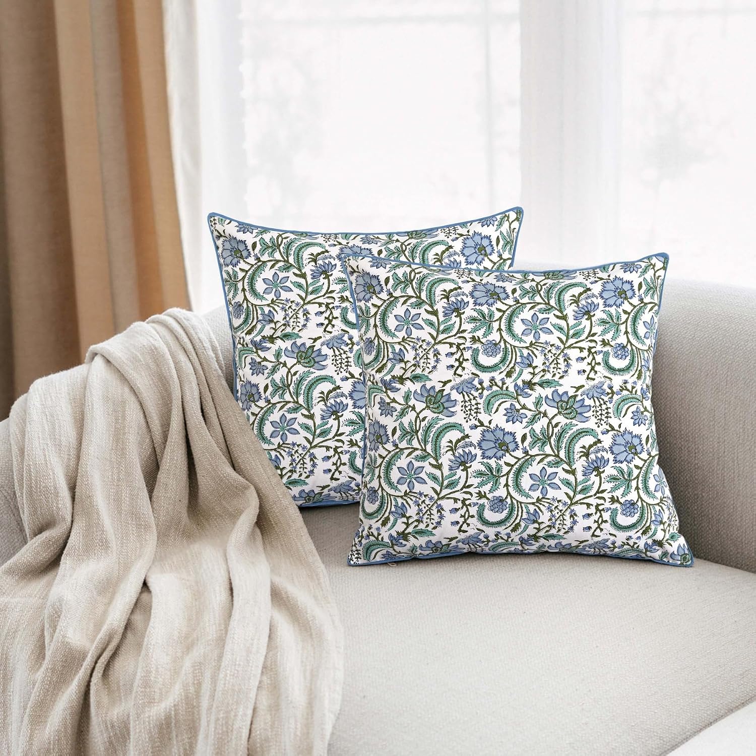Ridhi Block Print Columbia Blue Pillow Cover 18" x 18" (Pack of 2) Decorative Couch Pillows for Living Room, Chic Boho Cute Outdoor Pillows…