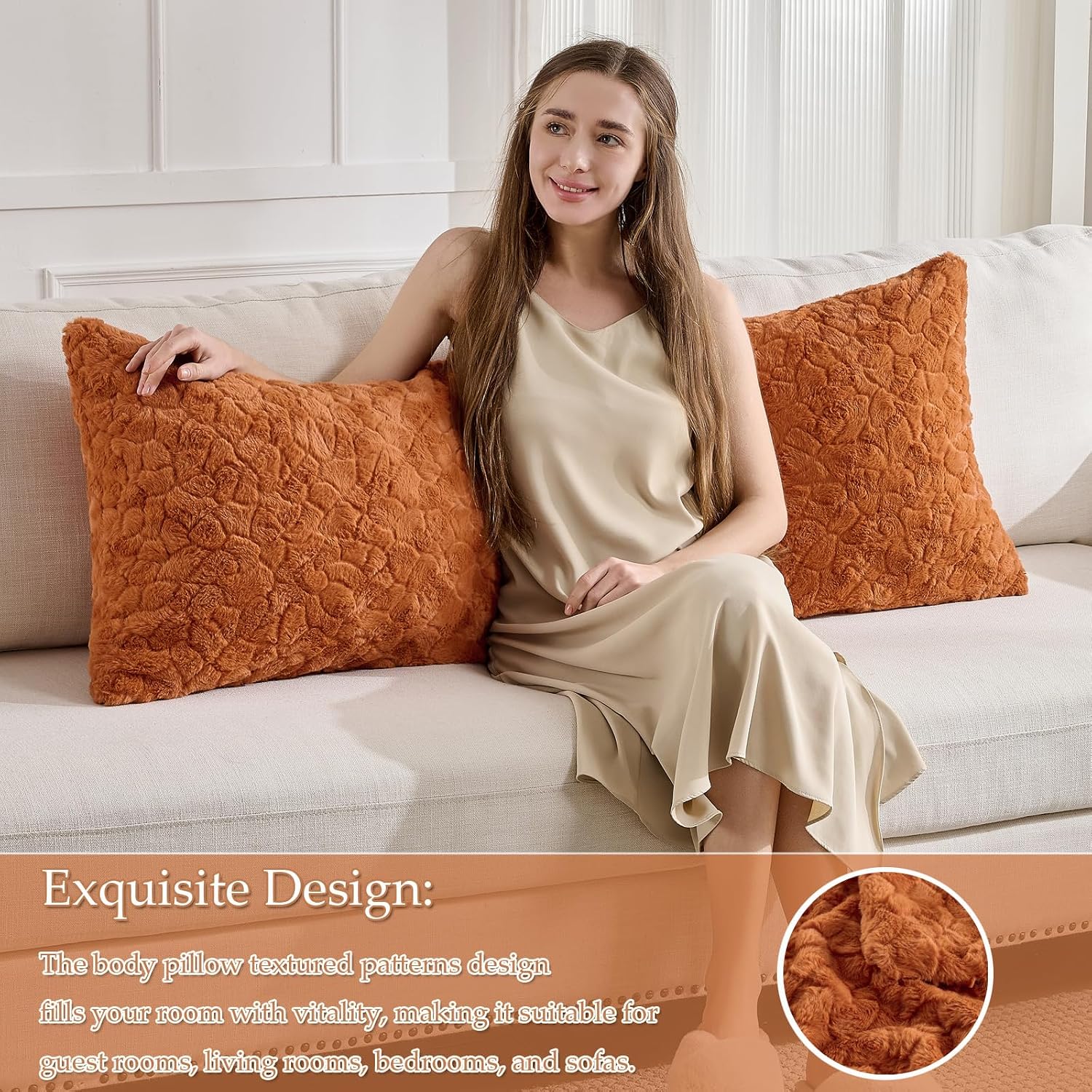 HKMR Fluffy Faux Rabbit Fur Body Pillow, Memory Foam Pregnancy Pillow for Side Sleep Body Pillow,20x54 Long Pillow for Adults-Burnt O…