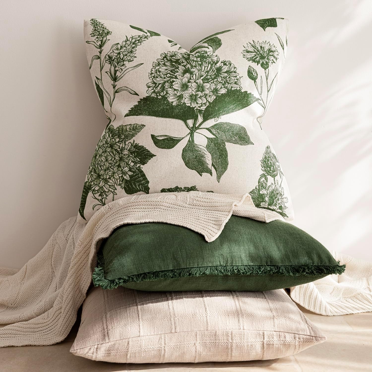 Foindtower Set of 2 Linen Floral Throw Pillow Covers Neutral Vintage Print Decorative Cozy Cushion Covers Farmhouse Boho Home Decor for…