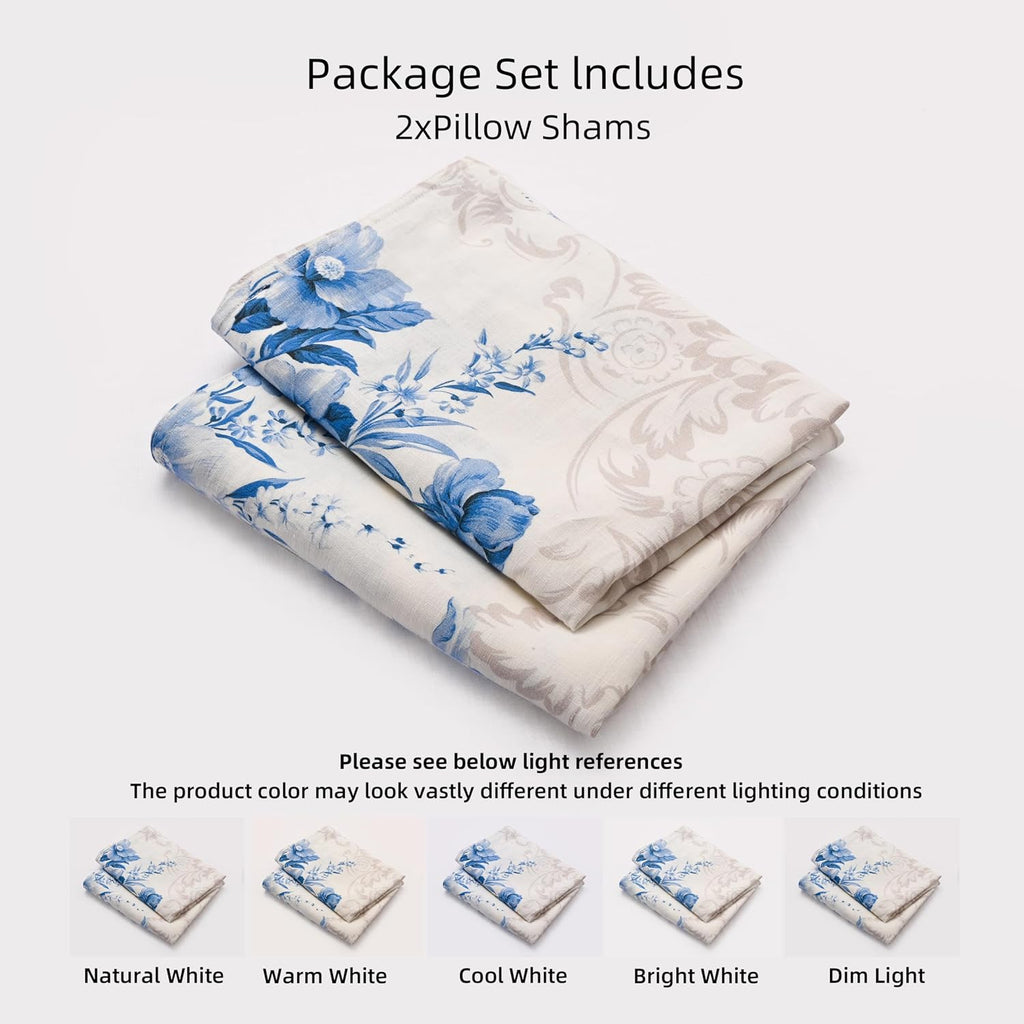 Chuffed 100% French Linen Pillow Cases Porcelain Bloom Print, Farmhouse Floral Stone Washed Pillow Shams with Envelope Closure Soft Breatha…