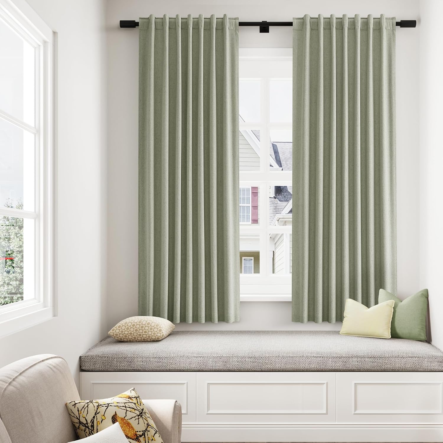Guken Sage Green 100% Blackout Curtains 54 Inch Length 2 Panels Set for Living Room Bedroom Back Tab Thermal Insulated Black Out Linen Drap…