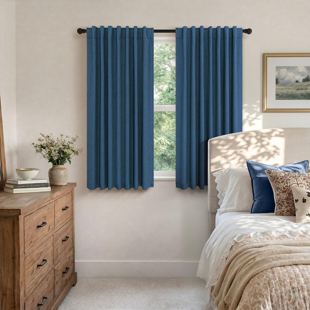 Pitalk Navy Blue Short Blackout Curtains 54 Inch Length 2 Panels for Bedroom Men Room Decor Darkening Linen Textured Insulated Curtains for…