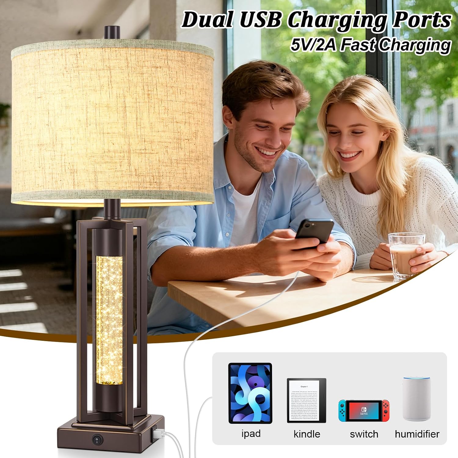 Tobusa 26’’ Vintage Table Lamps for Living Room Set of 2, Farmhouse Lamps for Bedroom with 2 USB Ports and Crystal Night Light, Rustic Beds…